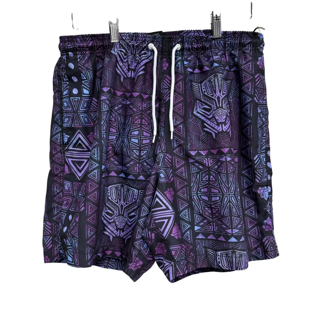 Marvel Black Panther Swim Trunks Mens Medium Purple Blue Tribal Geometric Mask